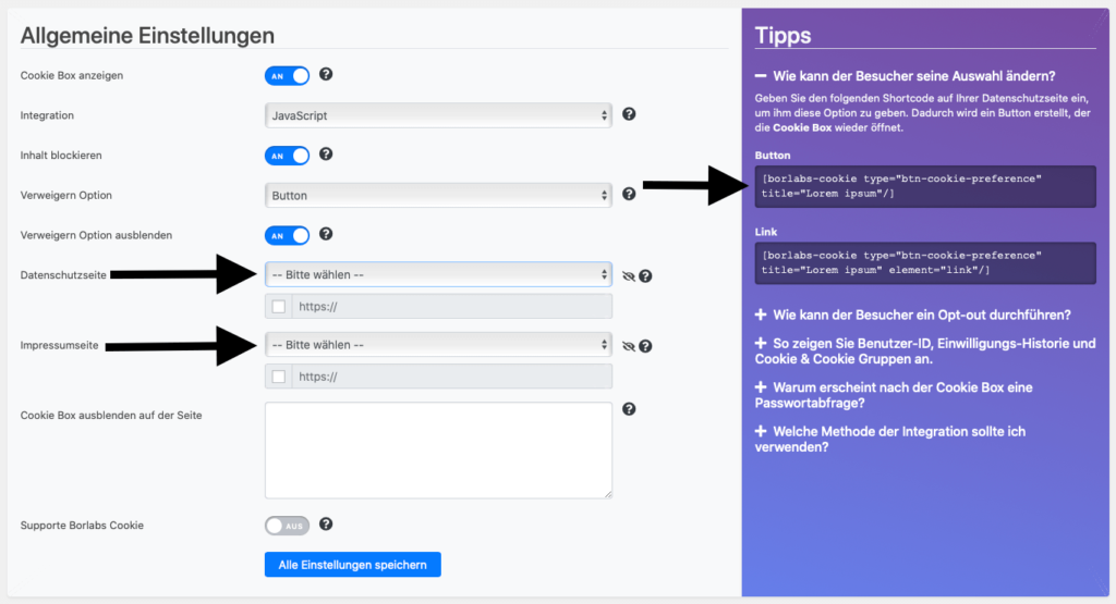 Borlabs Cookie Datenschutz und Impressum einstellen