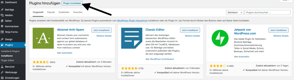 Bei WordPress Plugin hochladen klicken