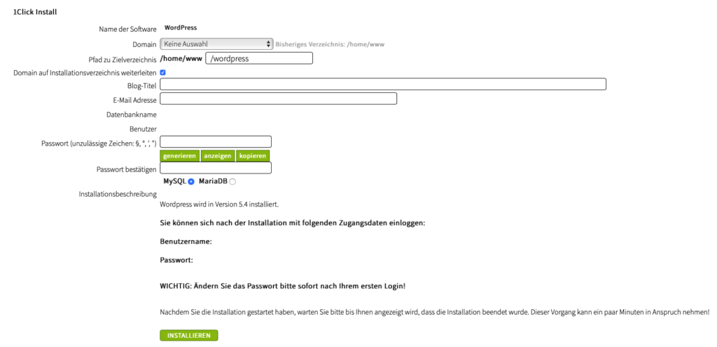 Wordpress Installation bei Webgo